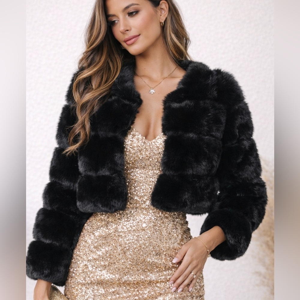 Black Faux Fur Cropped Bolero Shrug Jacket Wedding Evening Size S